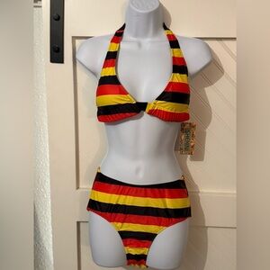 SHEKINI Women's Striped Bikini - Red, Yellow, Black